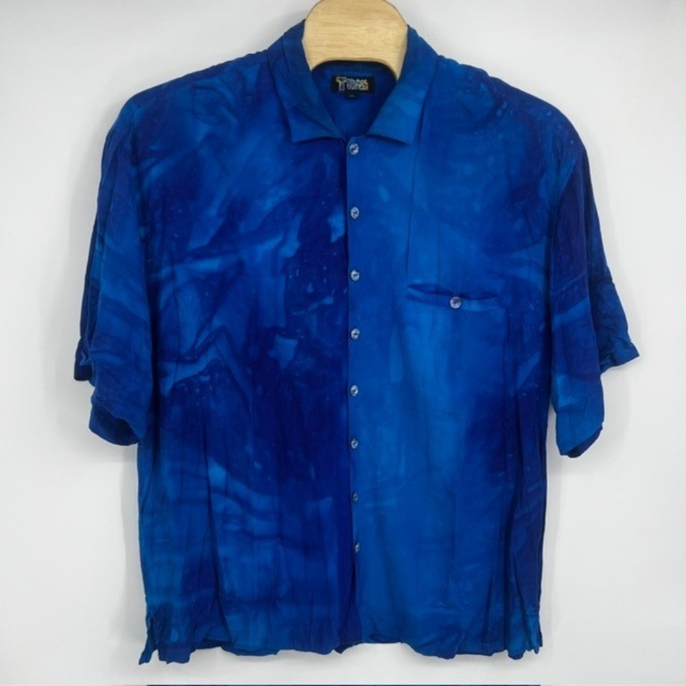 Tropical Tantrum Men's 4X Blue Batik Rayon Palm Tree Embroidered Hawaiian Shirt